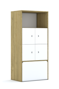 Regał Blox Colours 70 4PP 4F1 ze skrzynią 706x466x1517 korpus dąb/2x front biały i 2x front pastelowy niebieski