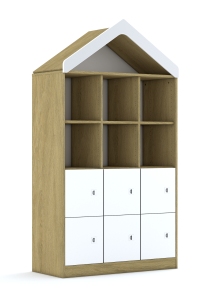 Regał Blox Colours 110 4PP 6F1 z daszkiem 1049x466x1927 korpus dąb/3x front biały i 3x front pastelowy niebieski - wariant 3