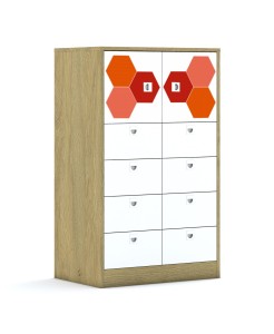 Szafa Blox Hex Red 70 3PP 2F1 8SB 706x466x1165 korpus dąb/2x front biały i 8x szuflada biała