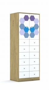Szafa Blox Hex Violet Blue 70 5PP 2F2 12SB 706x466x1869 korpus dąb/2x front biały i 12x szuflada biała