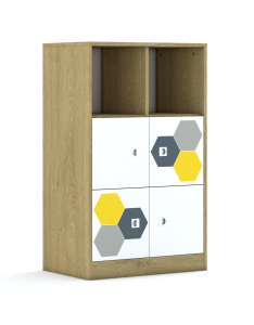 Regał Blox Hex Yellow Grey 70 3PP 4F1 706x466x1165 korpus dąb/4x front biały