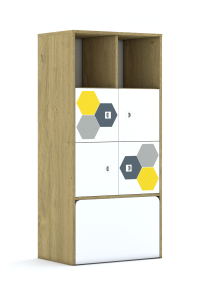 Regał Blox Hex Yellow Grey 70 4PP 4F1 ze skrzynią 706x466x1517 korpus dąb/4x front biały